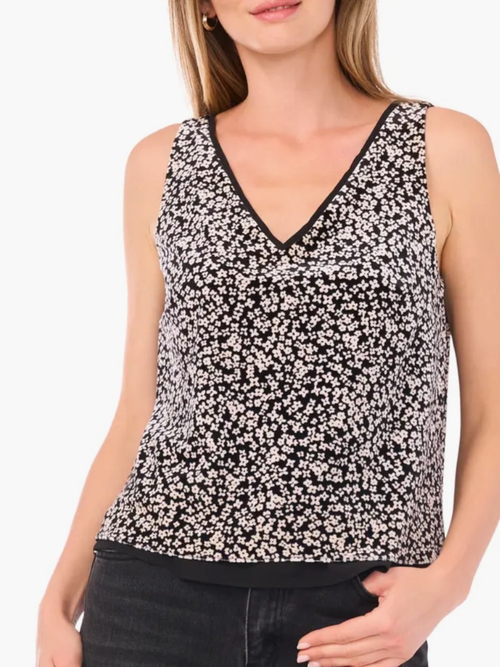 1.STATE V-Neck Printed Shell RICH BLACK Sleeveless Blouse XL